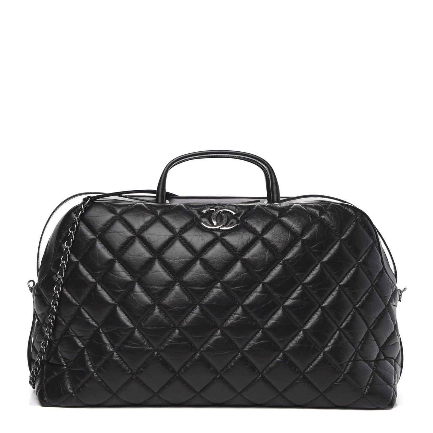 Aged Calfskin Quilted Large Bowling Bag Black