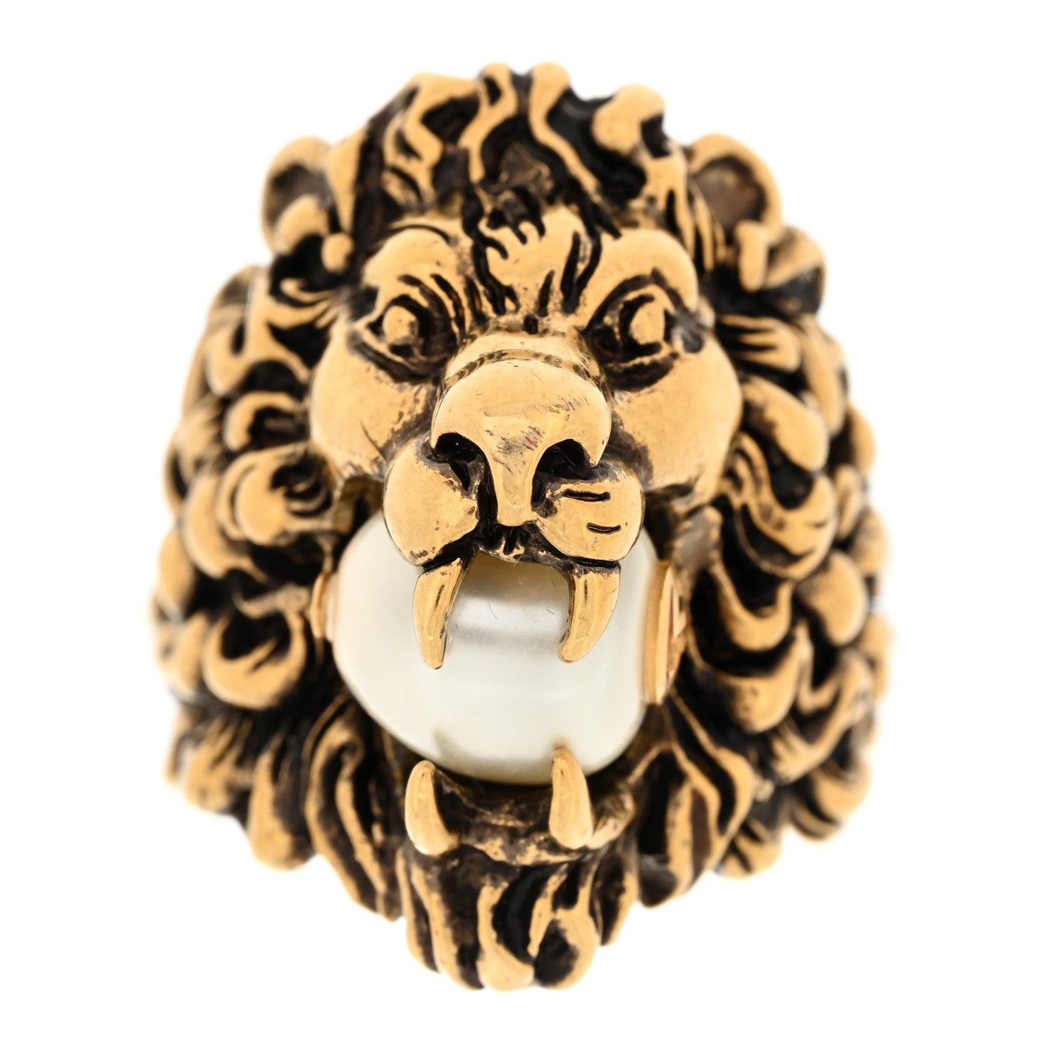 Gucci Metal Glass Pearl Lion Head Ring 10.25 53/6.25 Aged Gold 1 of 5
