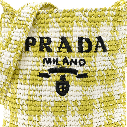 Prada Yarn Raffia Effect Crochet Embroidered Logo Tote Messenger Bag Citron Yellow 8 of 10