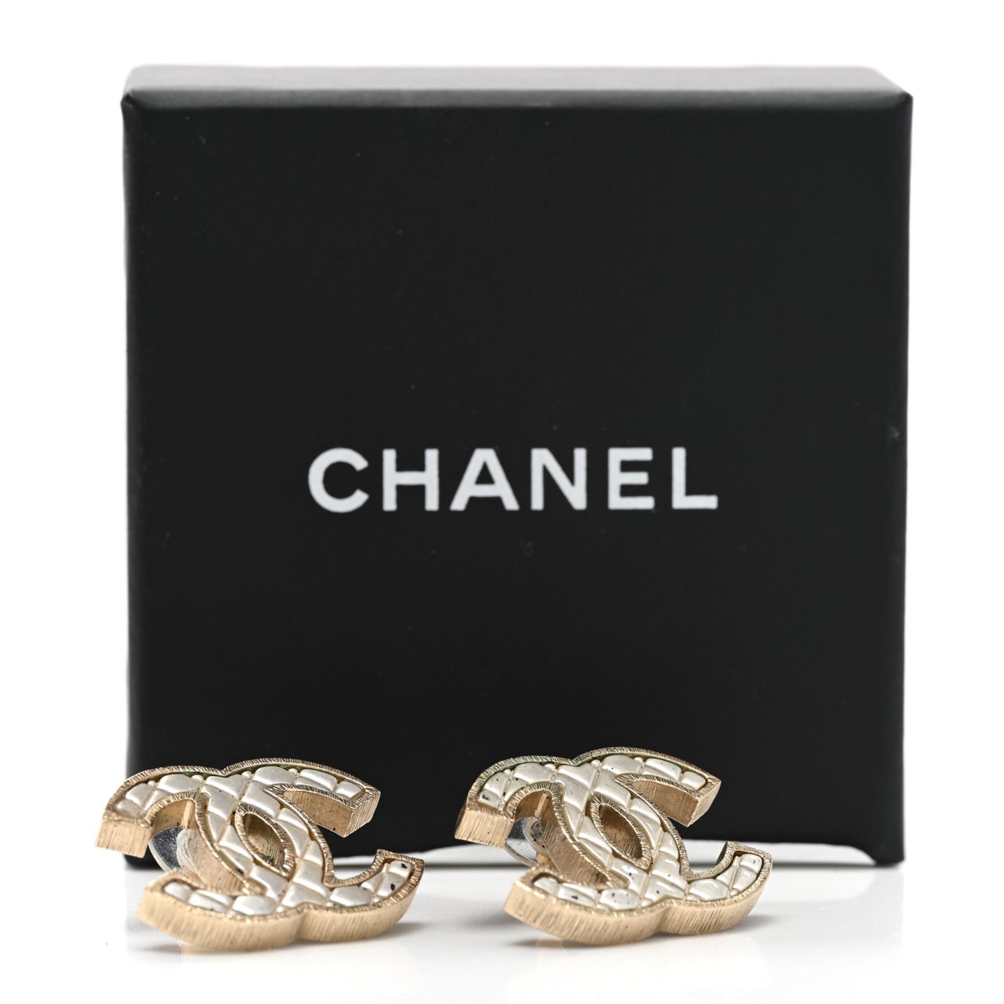 Metal Quilted CC Earrings Gold White