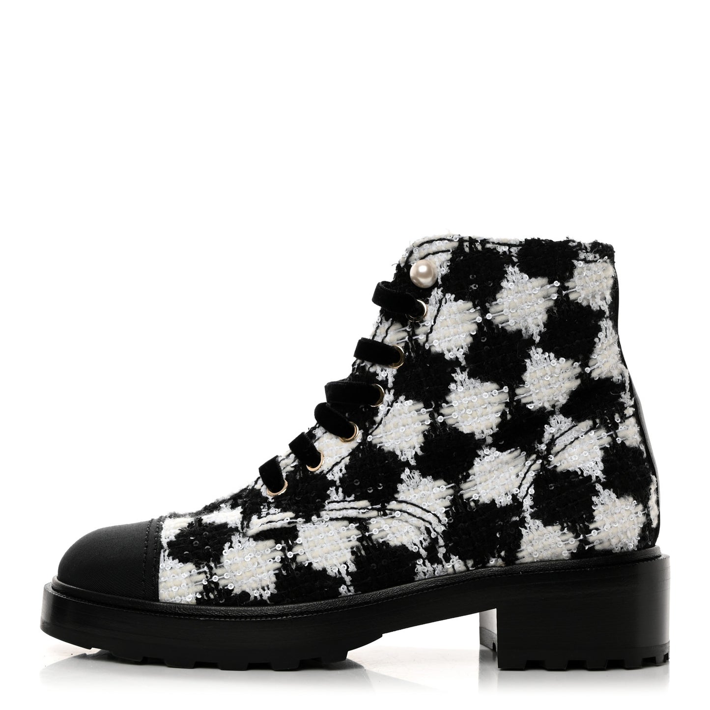 Tweed Grosgrain Pearl Combat Short Boots 38.5 White Black