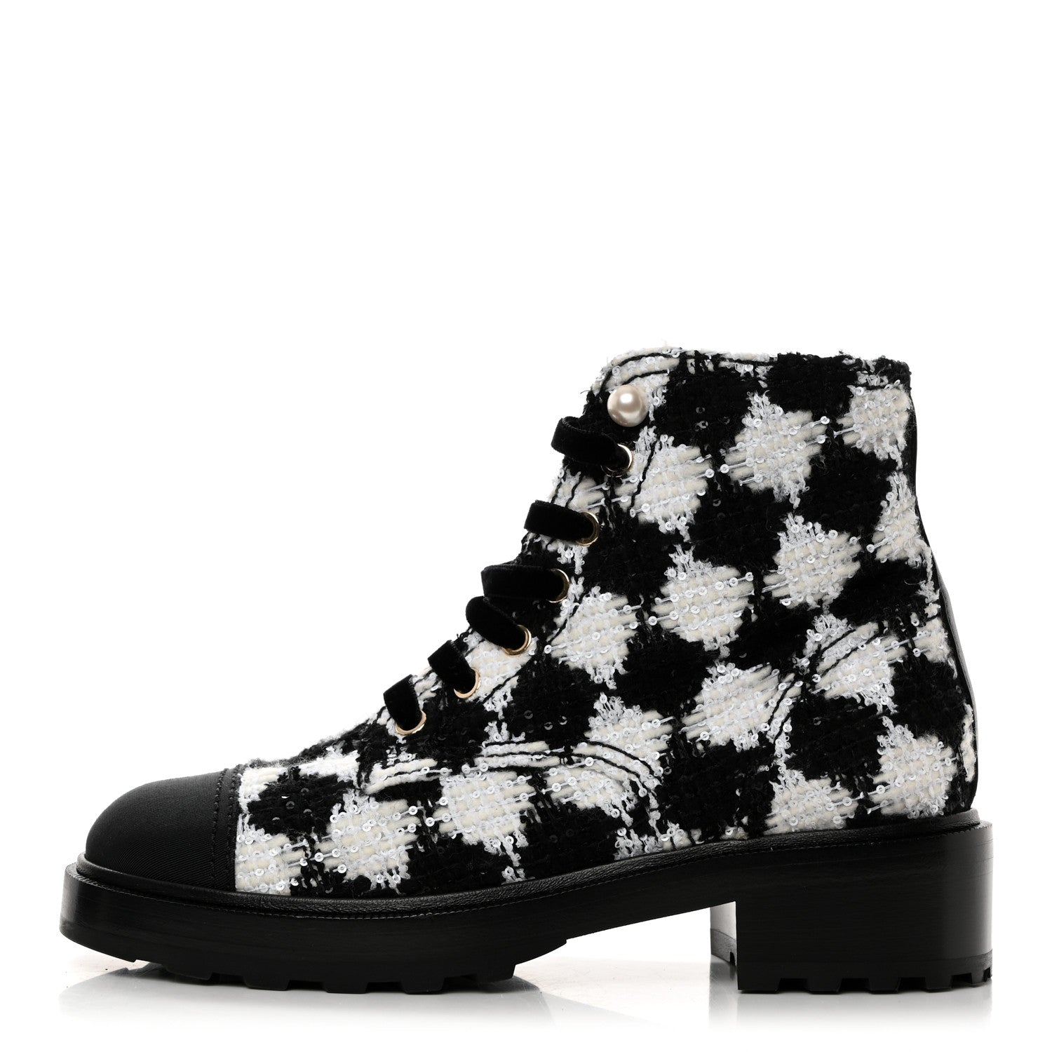Chanel Tweed Grosgrain Pearl Combat Short Boots 38.5 White Black 1 of 9