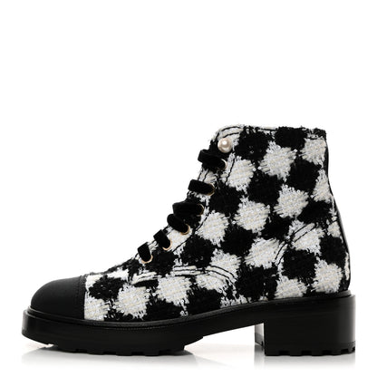 Chanel Tweed Grosgrain Pearl Combat Short Boots 38.5 White Black 1 of 9