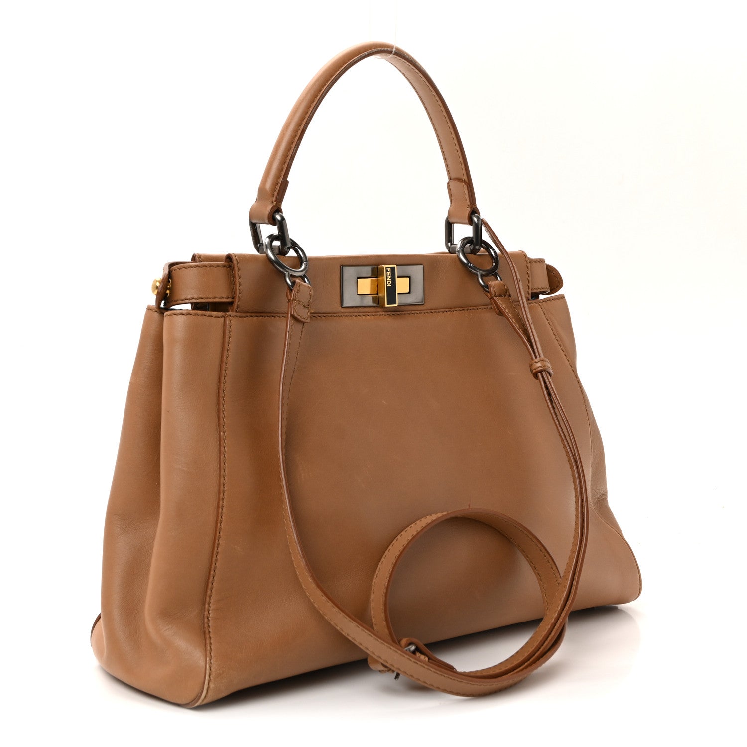 Fendi Vitello Seta Shiny Nappa Elaphe Medium Peekaboo Iconic Satchel Latte Blue 3 of 9