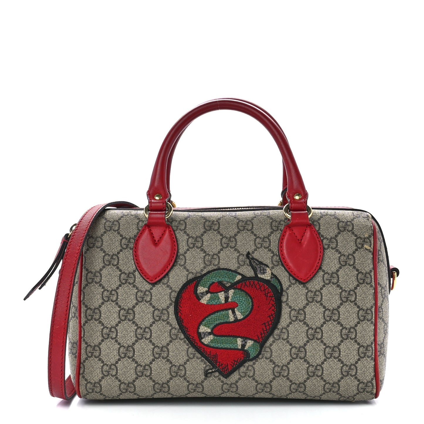 GG Supreme Monogram Kingsnake Heart Embroidered Small Boston Red