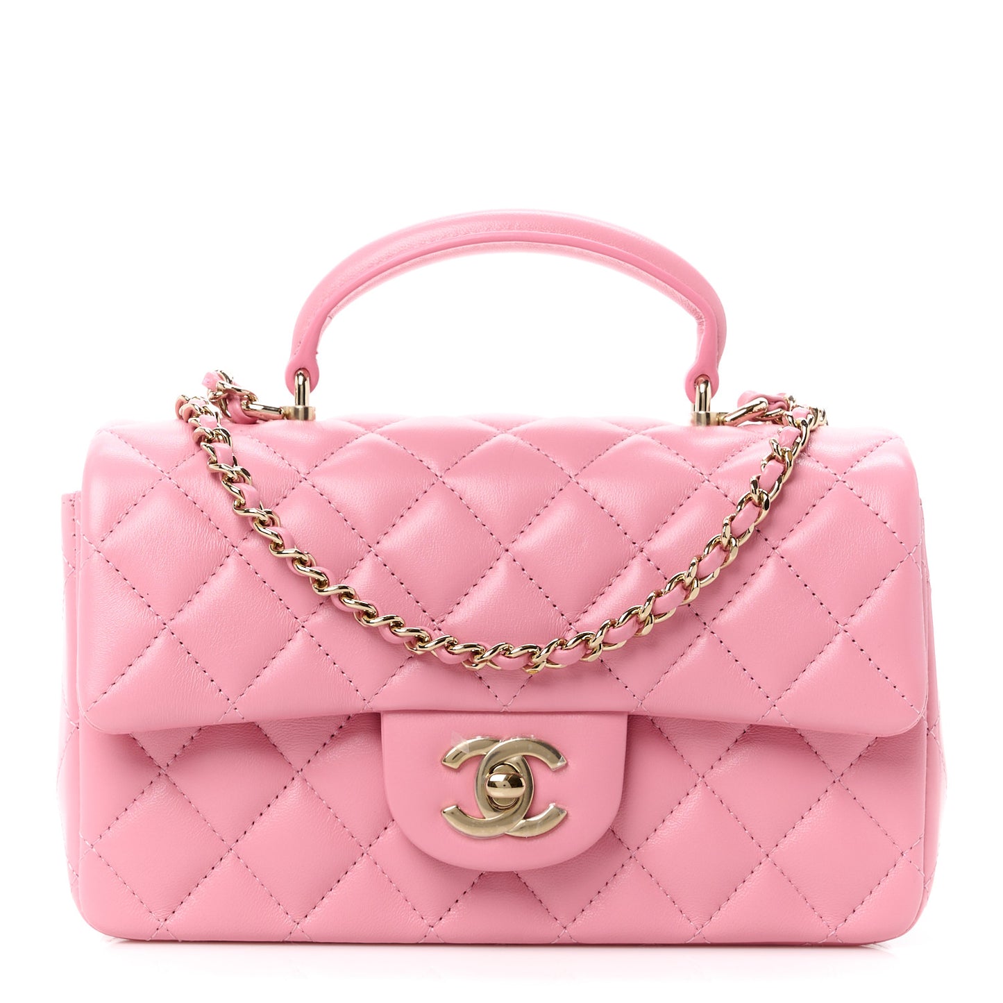 Lambskin Quilted Mini Top Handle Rectangular Flap Pink