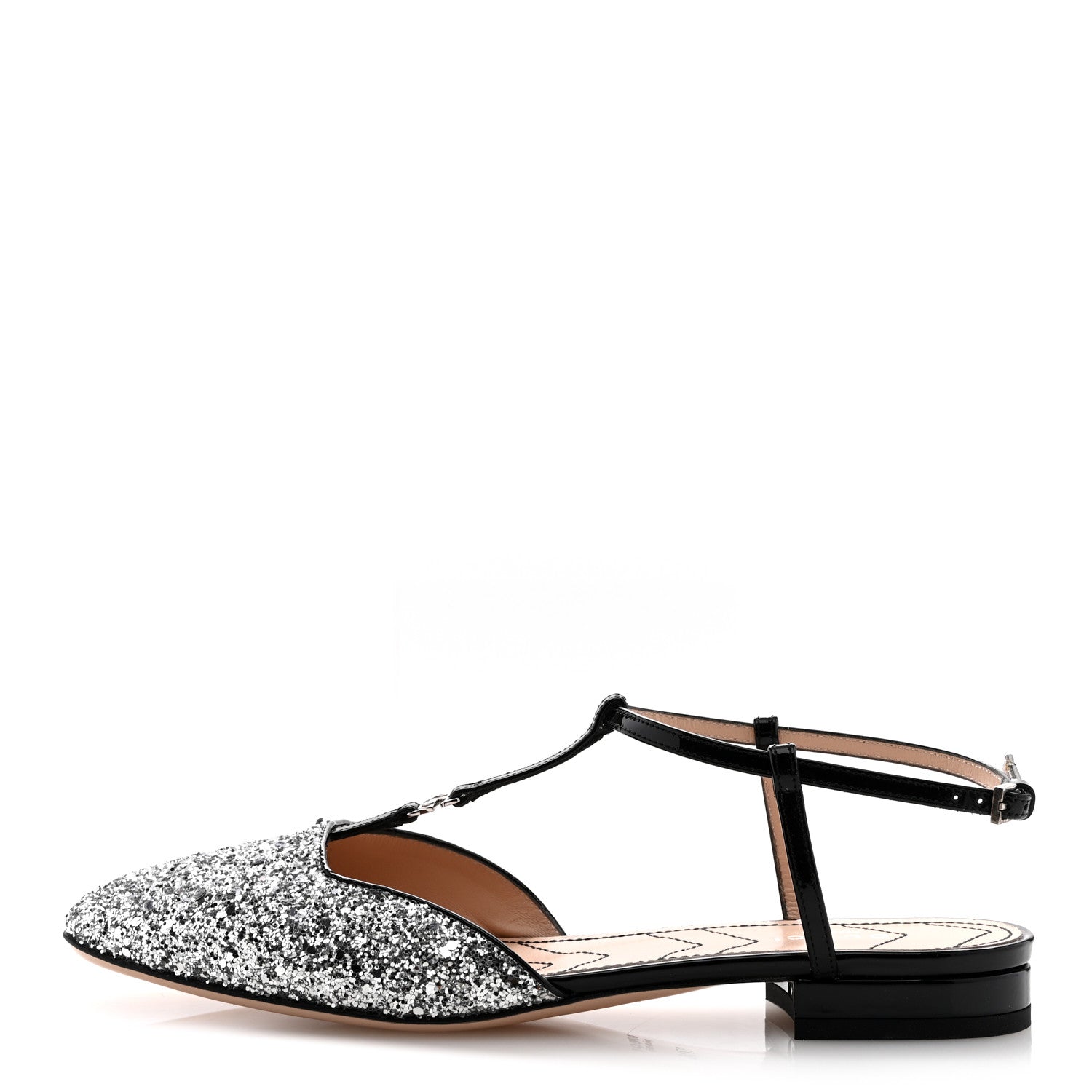 Gucci Calfskin Glitter Double G Slingback Flats 37.5 Silver Black 1 of 9