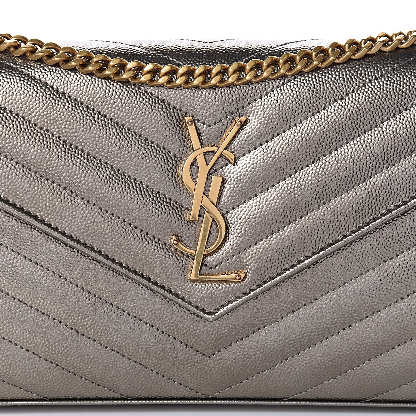 Iridescent Grain De Poudre Matelasse Chevron Monogram Chain Wallet Gold