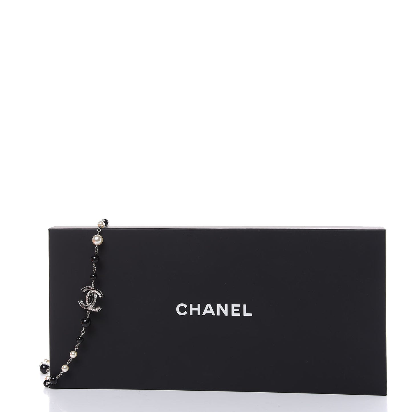 Pearl Crystal Bead CC Long Necklace Silver Black