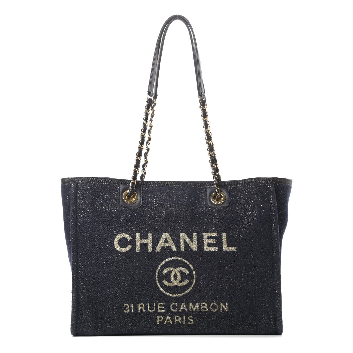 Chanel Lurex Canvas Small Deauville Tote Navy Blue Gold 1 of 12