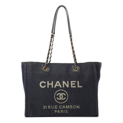 Chanel Lurex Canvas Small Deauville Tote Navy Blue Gold 1 of 12