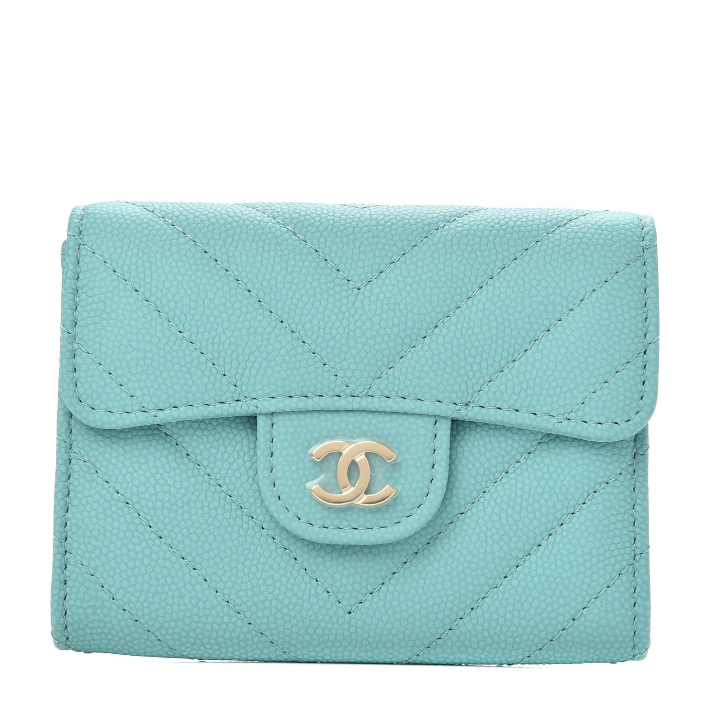 Caviar Flat Chevron Quilted Card Holder Wallet Green
