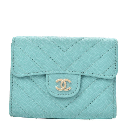 Chanel Caviar Flat Chevron Quilted Card Holder Wallet Green 1 of 9