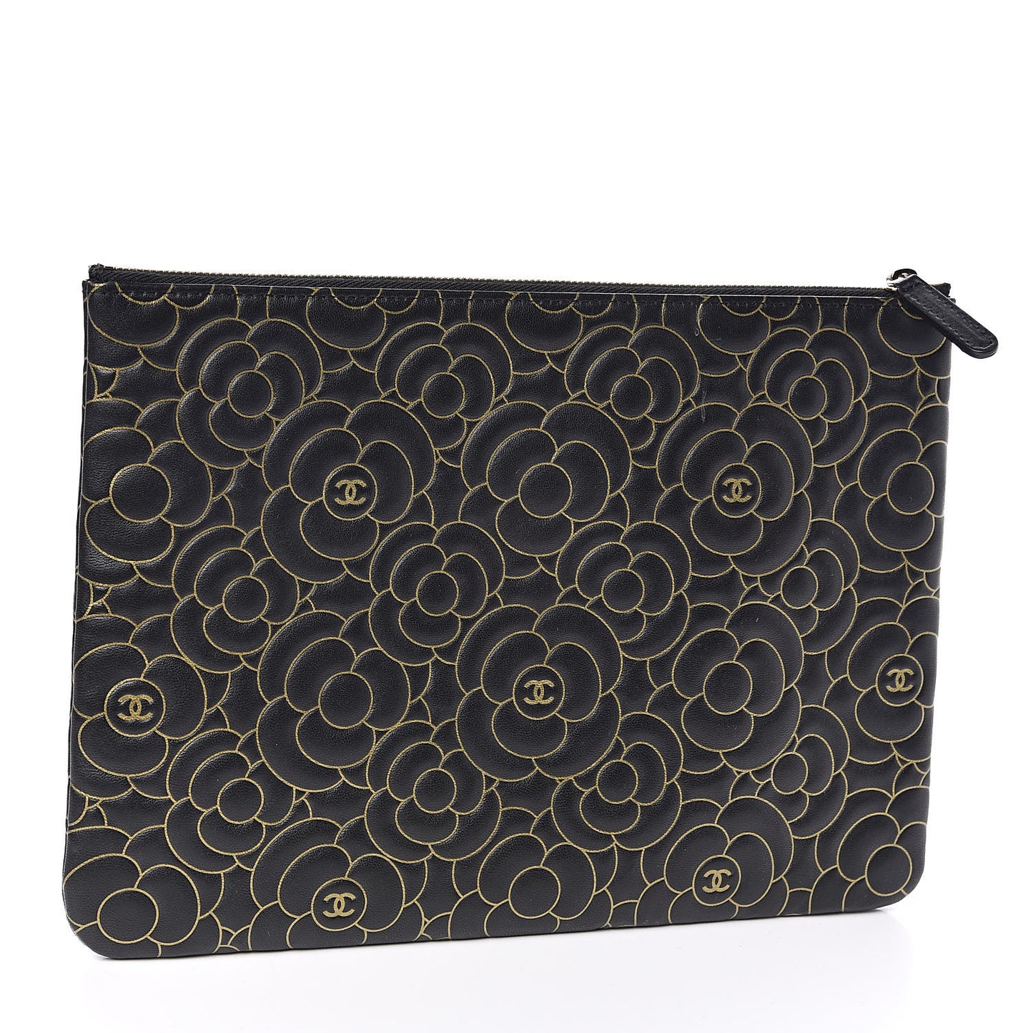Lambskin Camellia Embossed Medium Cosmetic Case Black Gold
