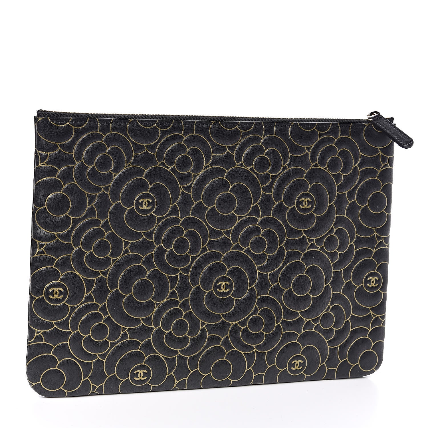 Chanel Lambskin Camellia Embossed Medium Cosmetic Case Black Gold 3 of 7