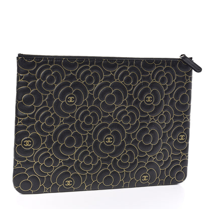 Chanel Lambskin Camellia Embossed Medium Cosmetic Case Black Gold 3 of 7