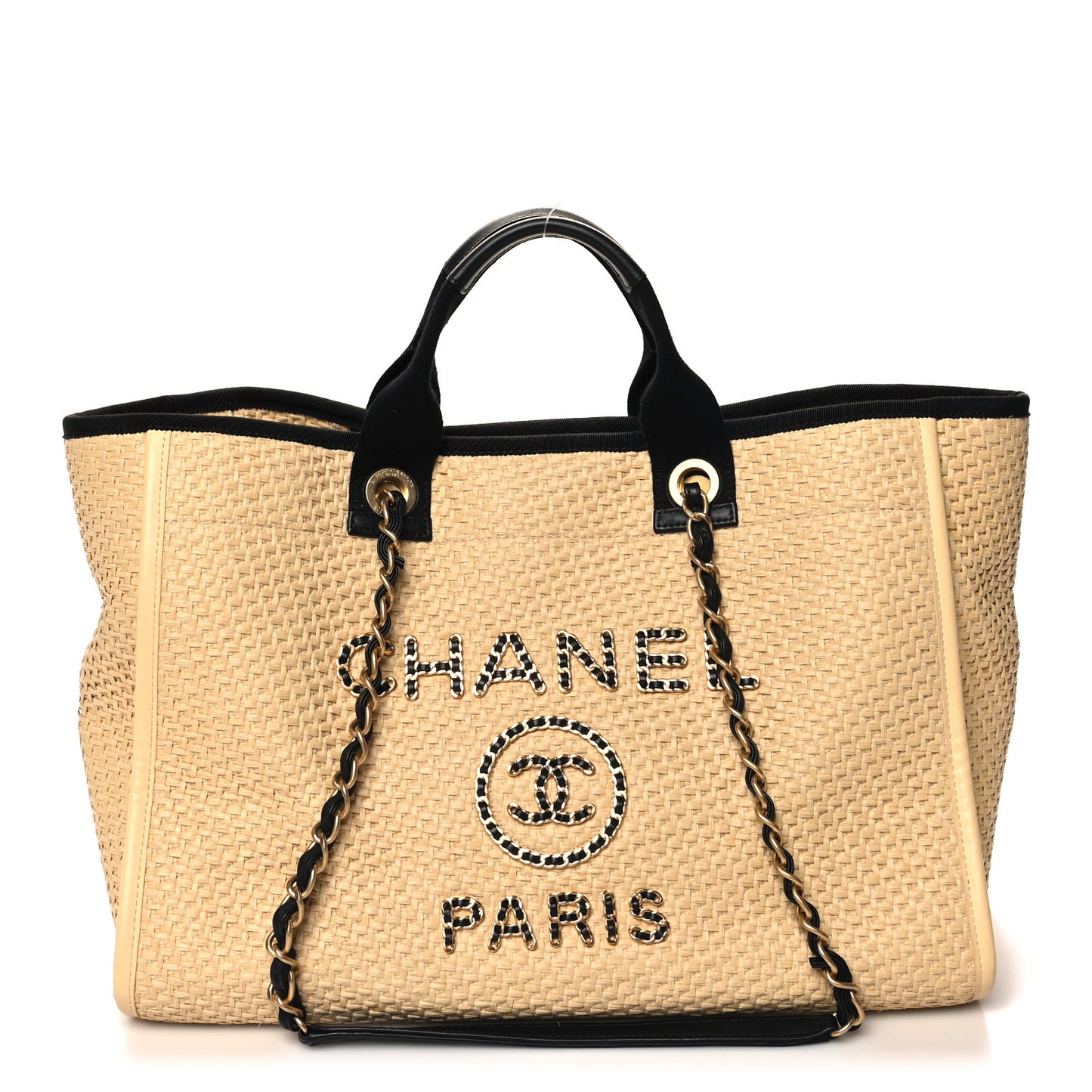 Straw Raffia Calfskin Chain Medium Deauville Tote Beige Black