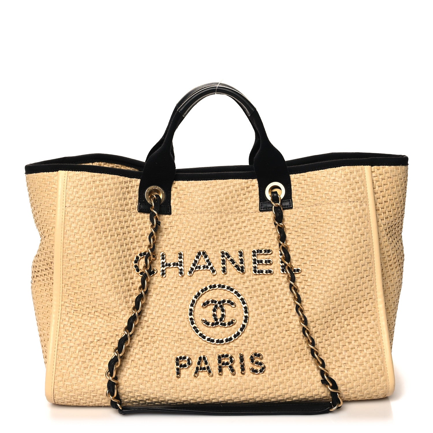 Chanel Straw Raffia Calfskin Chain Medium Deauville Tote Beige Black 1 of 11