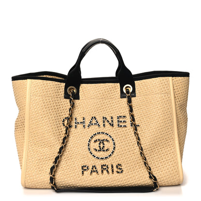 Chanel Straw Raffia Calfskin Chain Medium Deauville Tote Beige Black 1 of 11