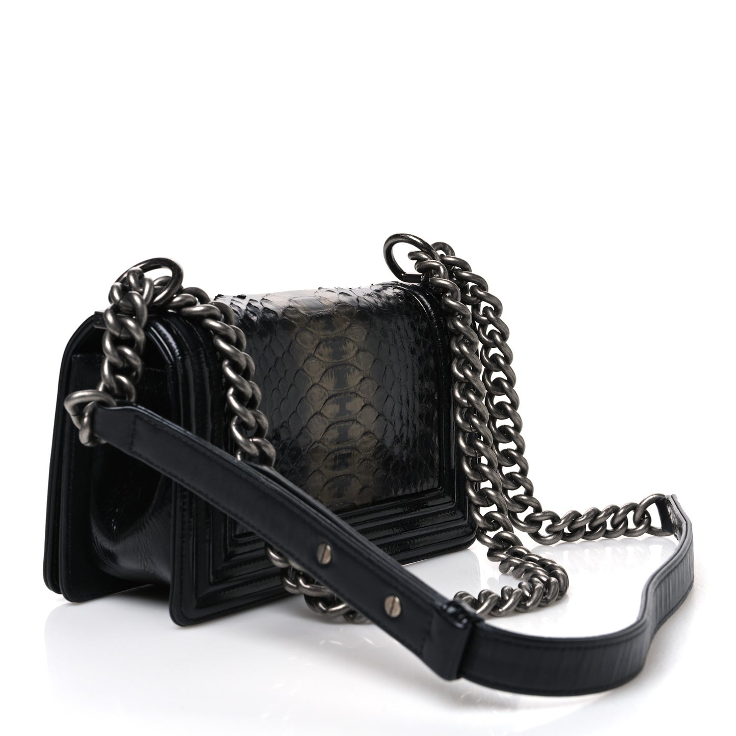Patent Calfskin Snakeskin Small Boy Flap Black Silver