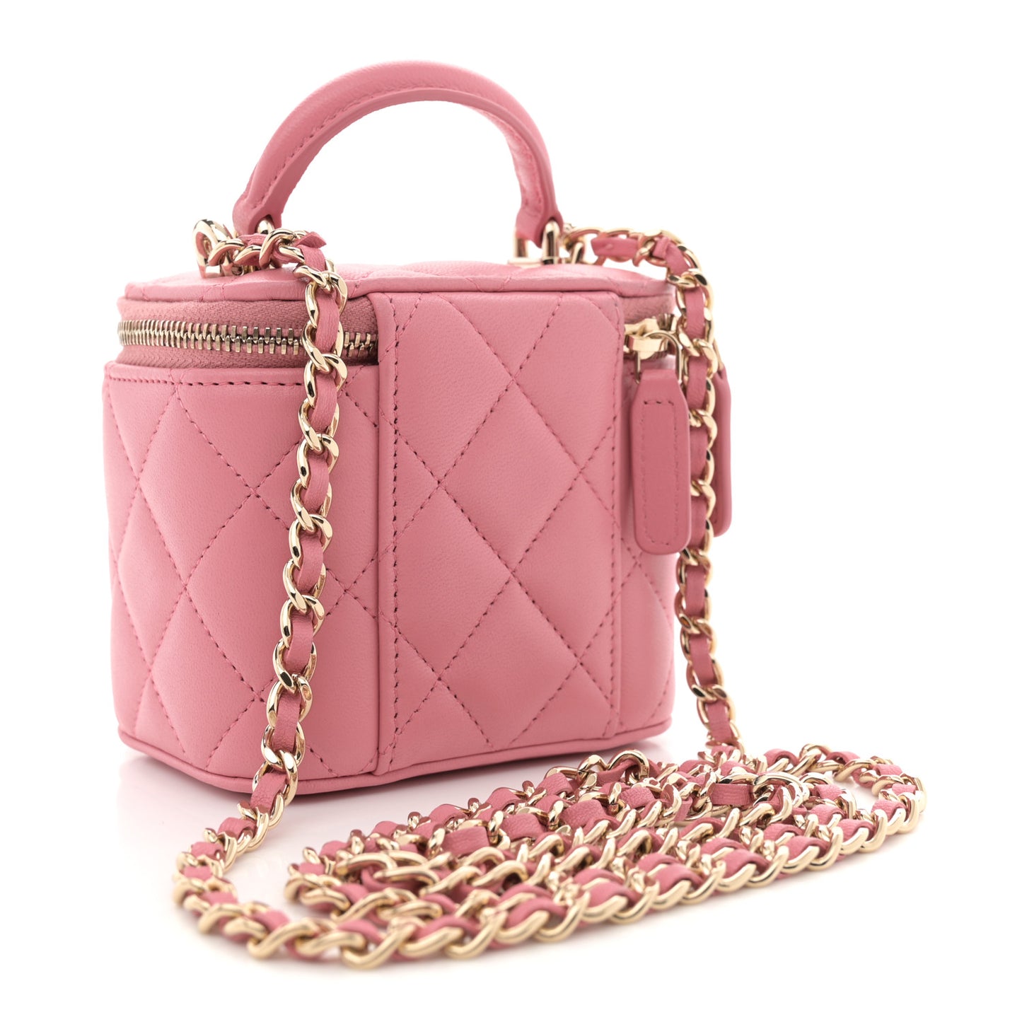 Lambskin Quilted Top Handle Mini Vanity Case With Chain Pink