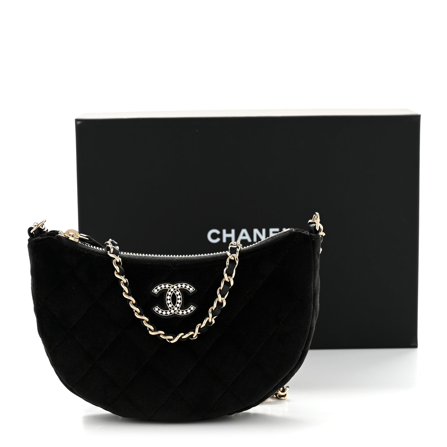 Velvet Crystal Quilted Chain Hobo Black