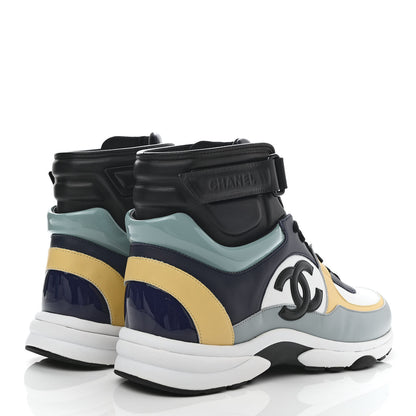Chanel Calfskin Patent Lambskin Mens CC High Top Sneakers 45 White Yellow Navy Black 4 of 9