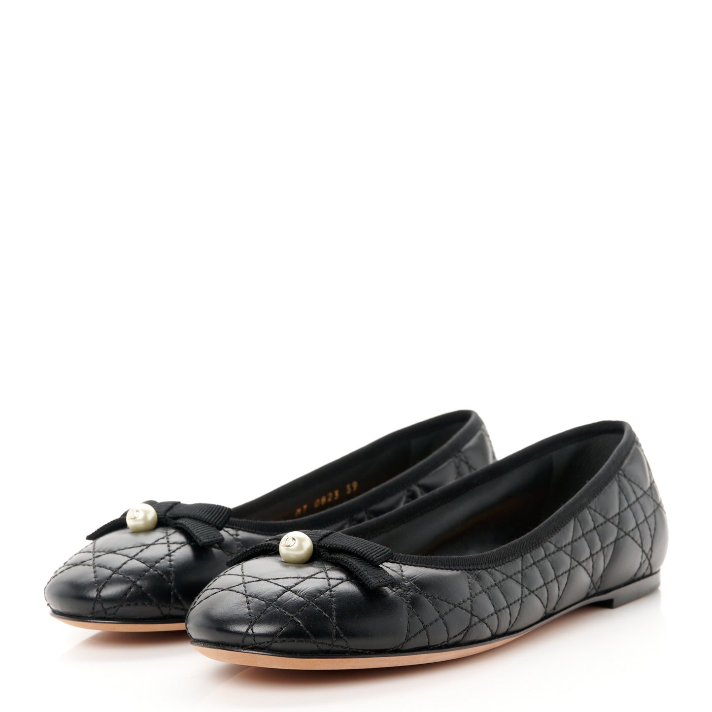 Calfskin Cannage Pearl Bow Ballet Flats 39 Black