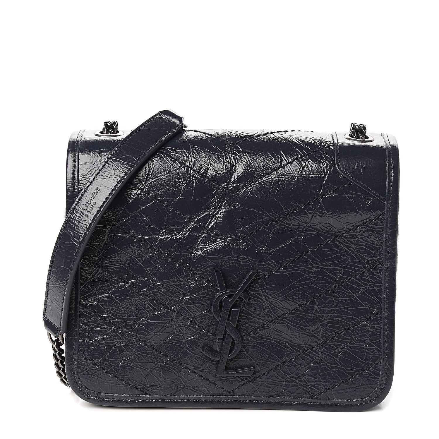 Saint Laurent Crinkled Calfskin Matelasse Monogram Niki Chain Wallet Deep Marine 1 of 9