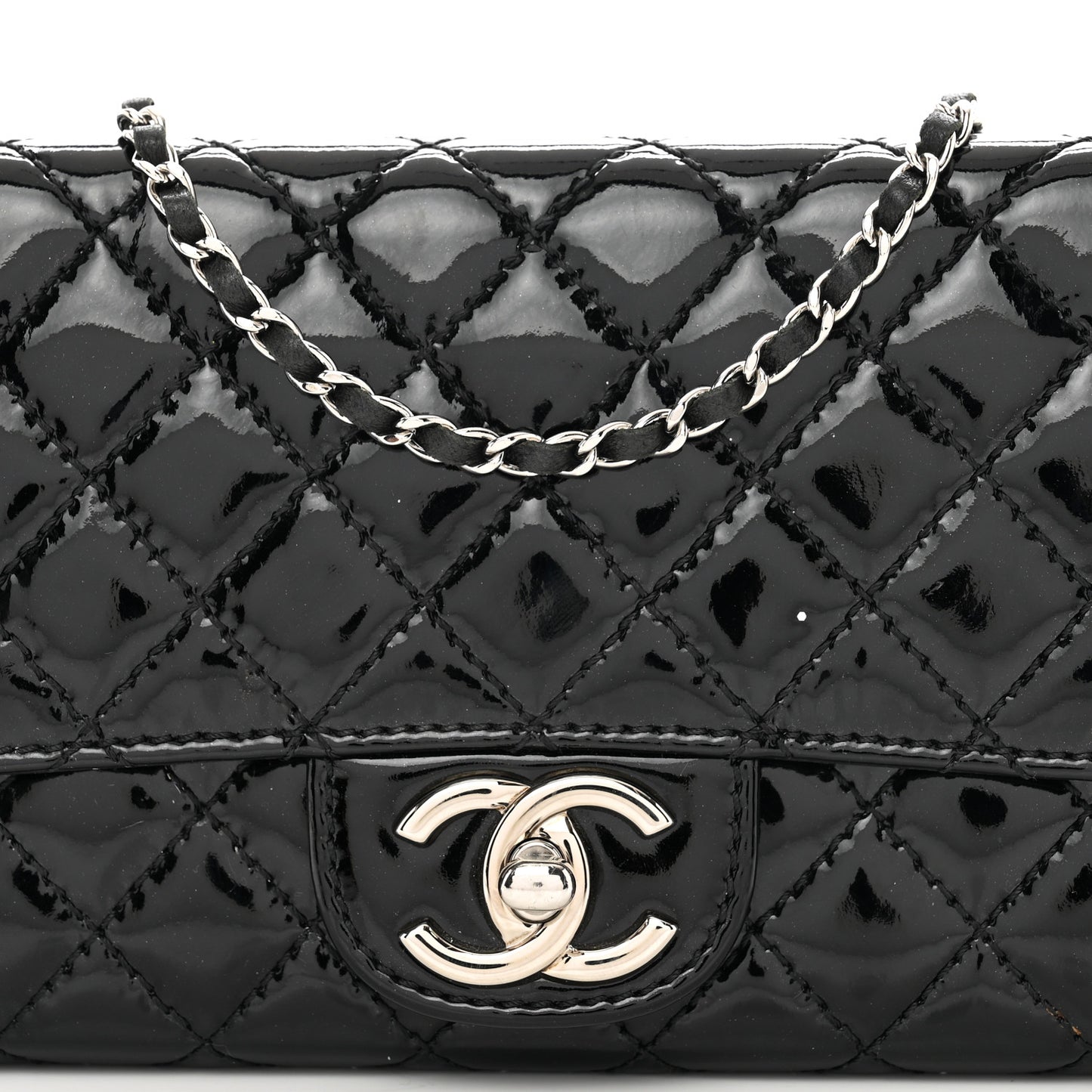 Patent Calfskin Quilted Flap Clutch With Chain Black