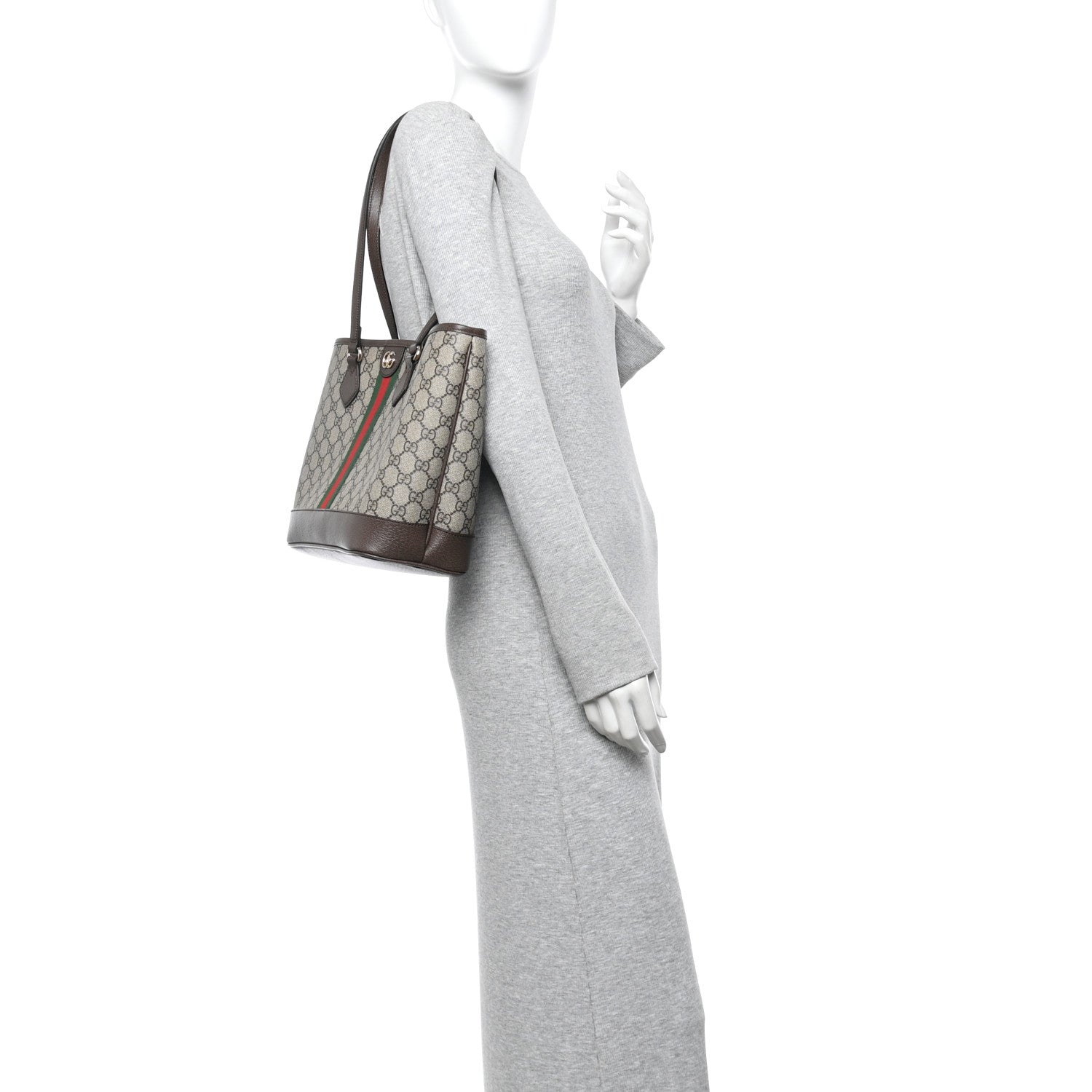 Gucci GG Supreme Monogram Textured Calfskin Web Small Ophidia Shoulder Tote Bag Beige Ebony New Acero 2 of 12