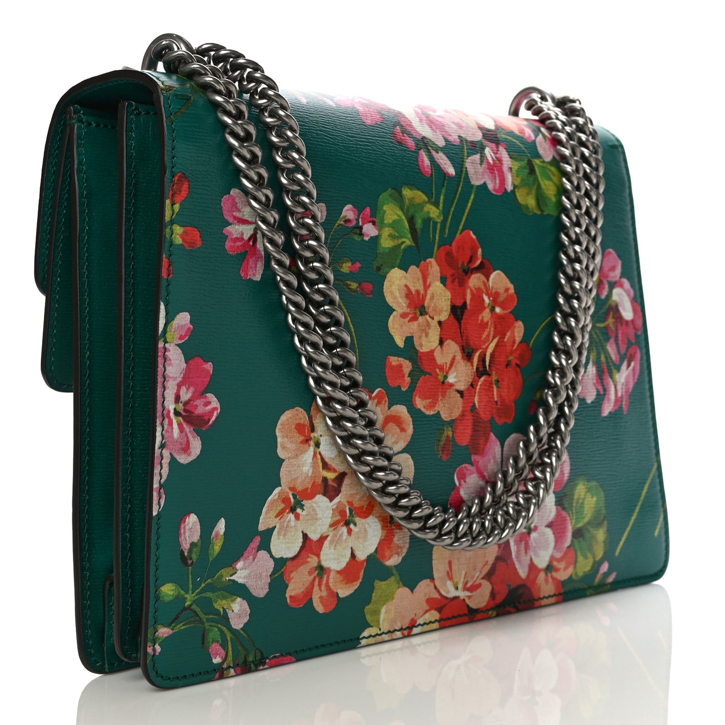 Calfskin Blooms Print Medium Dionysus Shoulder Bag Bright Emerald Multicolor