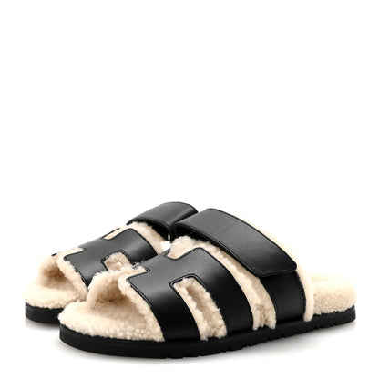 Hermes Calfskin Woolskin Womens Chypre Sandals 35.5 Black Ecru 4 of 9