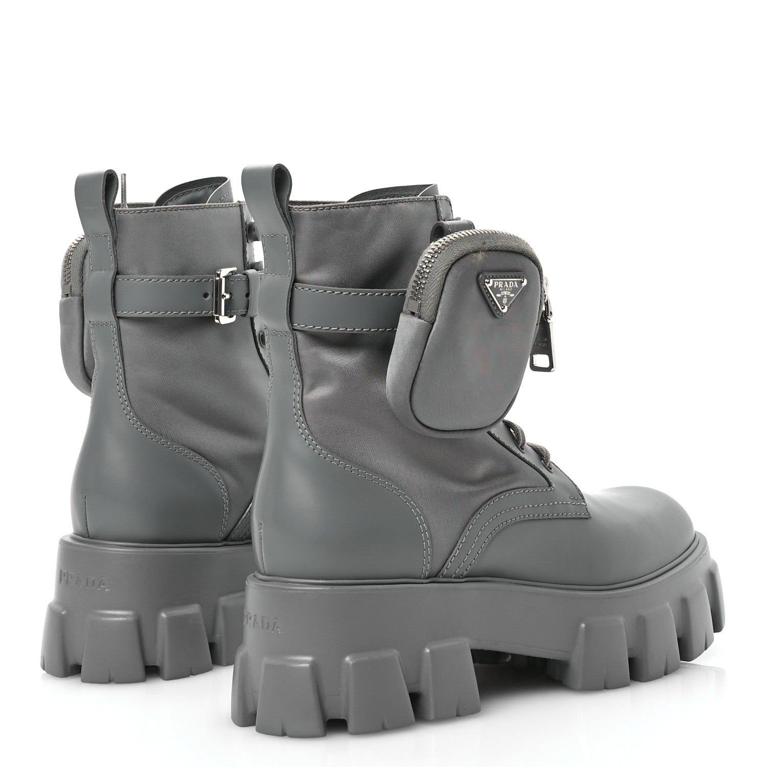 Prada Spazzolato Rois Re-Nylon Metal Triangle Logo Monolith Pouch Pocket 55mm Boots 38.5 Marble Grey 4 of 9