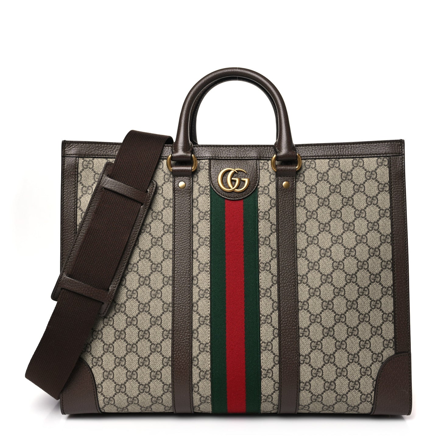 GG Supreme Monogram Textured Dollar Calfskin Web Large Ophidia Tote Bag Beige Ebony