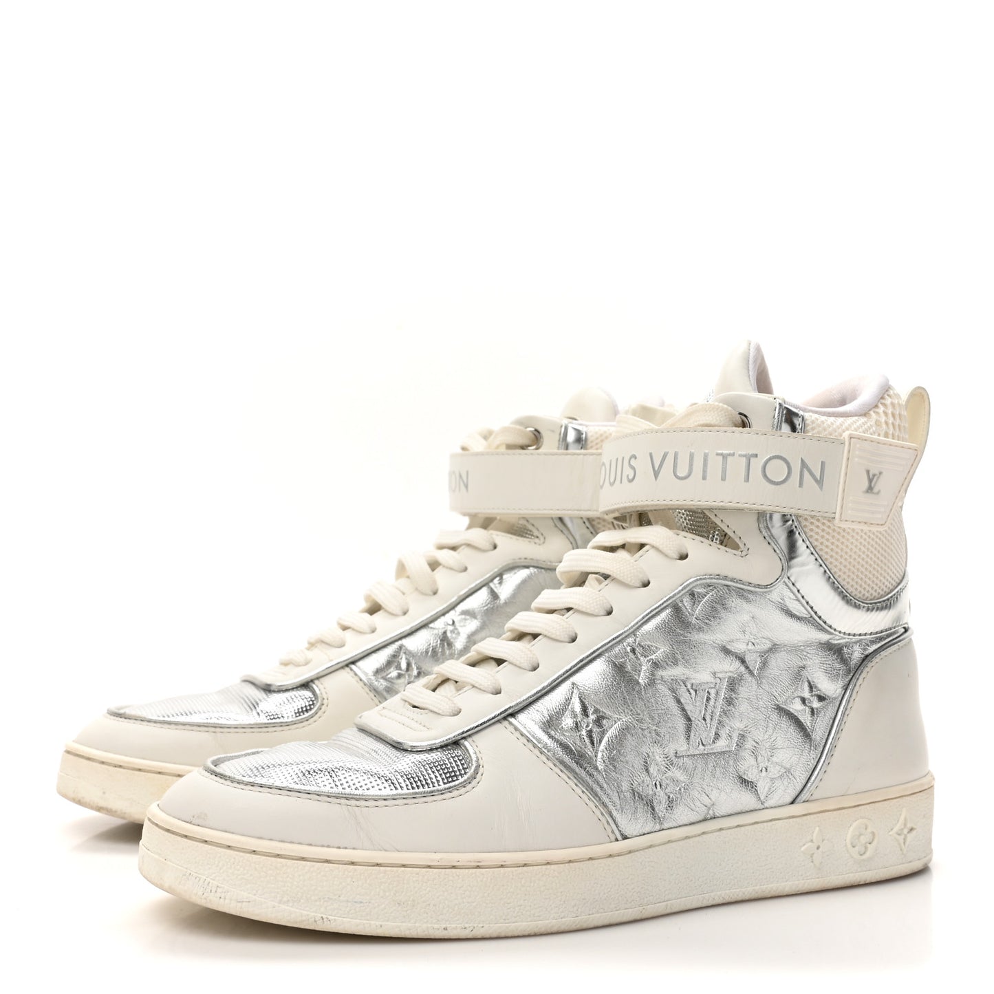Metallic Calfskin Embossed Monogram Boombox Sneakers 37.5 White Silver