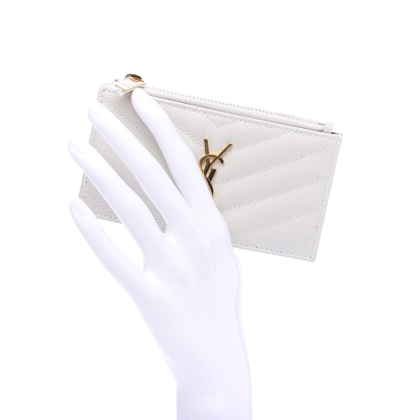 Grain De Poudre Matelasse Chevron Monogram Fragments Zippered Card Case White