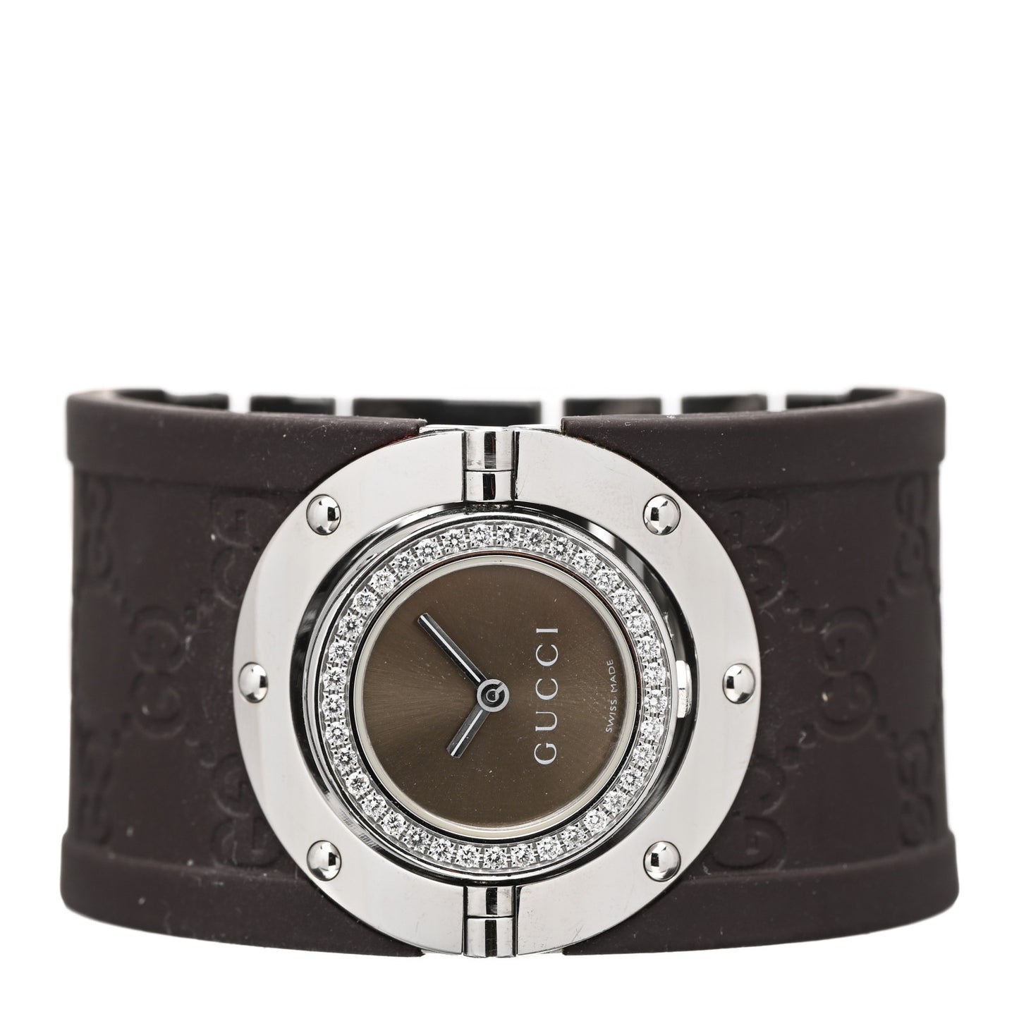 Stainless Steel Rubber Diamond Bezel 33mm Twirl Quartz Watch Brown