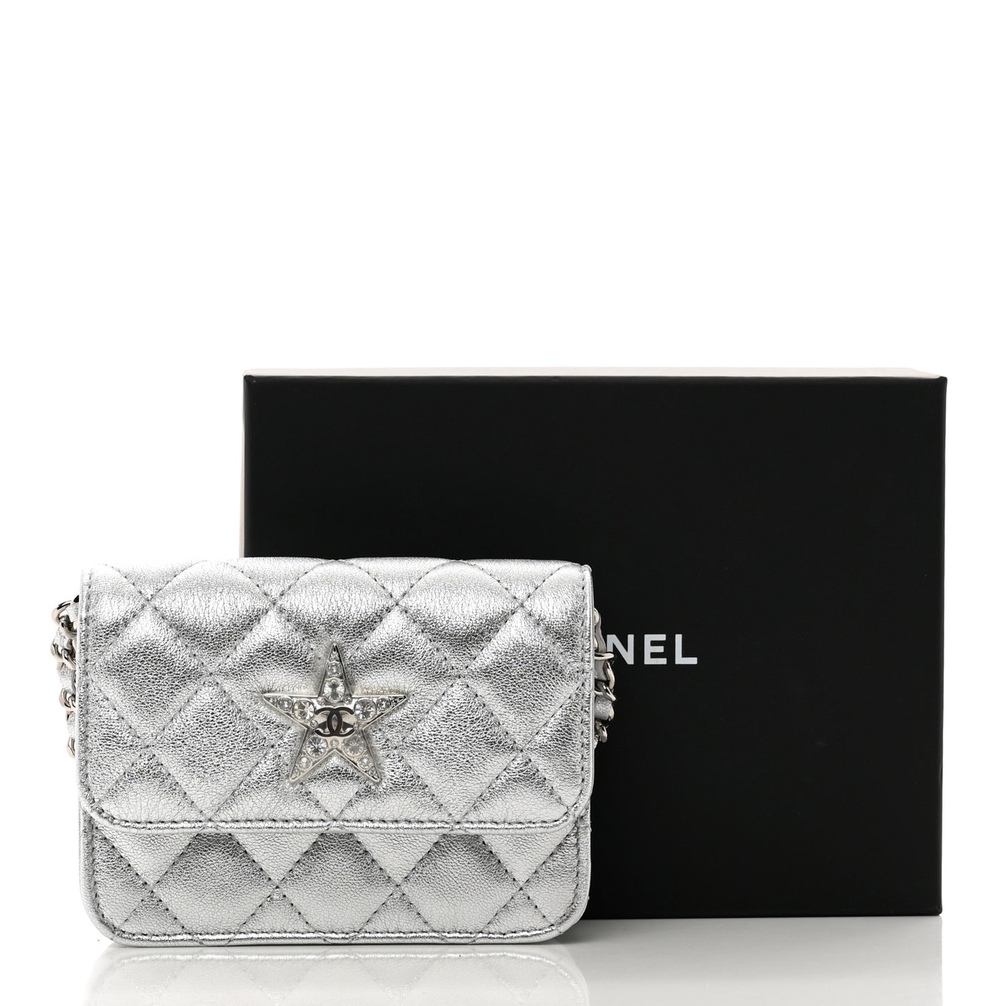 Metallic Goatskin Quilted Crystal CC Walk Of Fame Clutch With Chain Silver