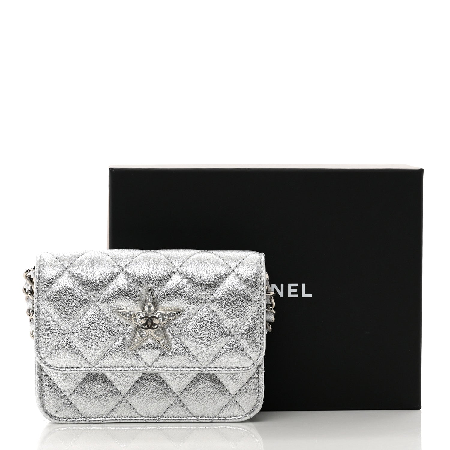 Chanel Metallic Goatskin Quilted Crystal CC Walk Of Fame Clutch With Chain Silver 12 of 12