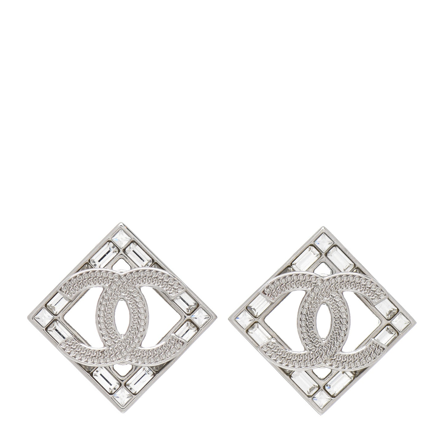 Baguette Crystal Chain CC Earrings Silver