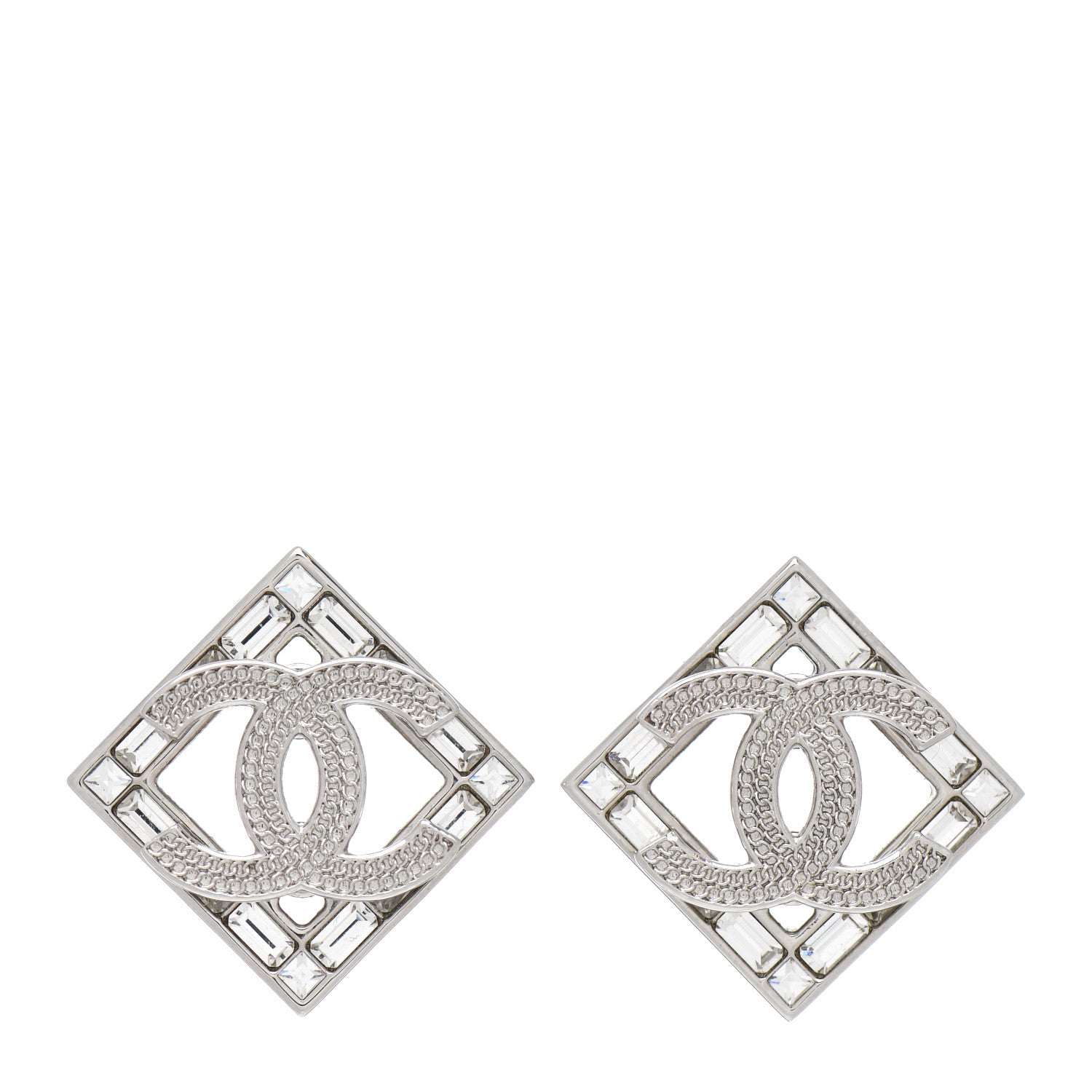 Chanel Baguette Crystal Chain CC Earrings Silver 1 of 5