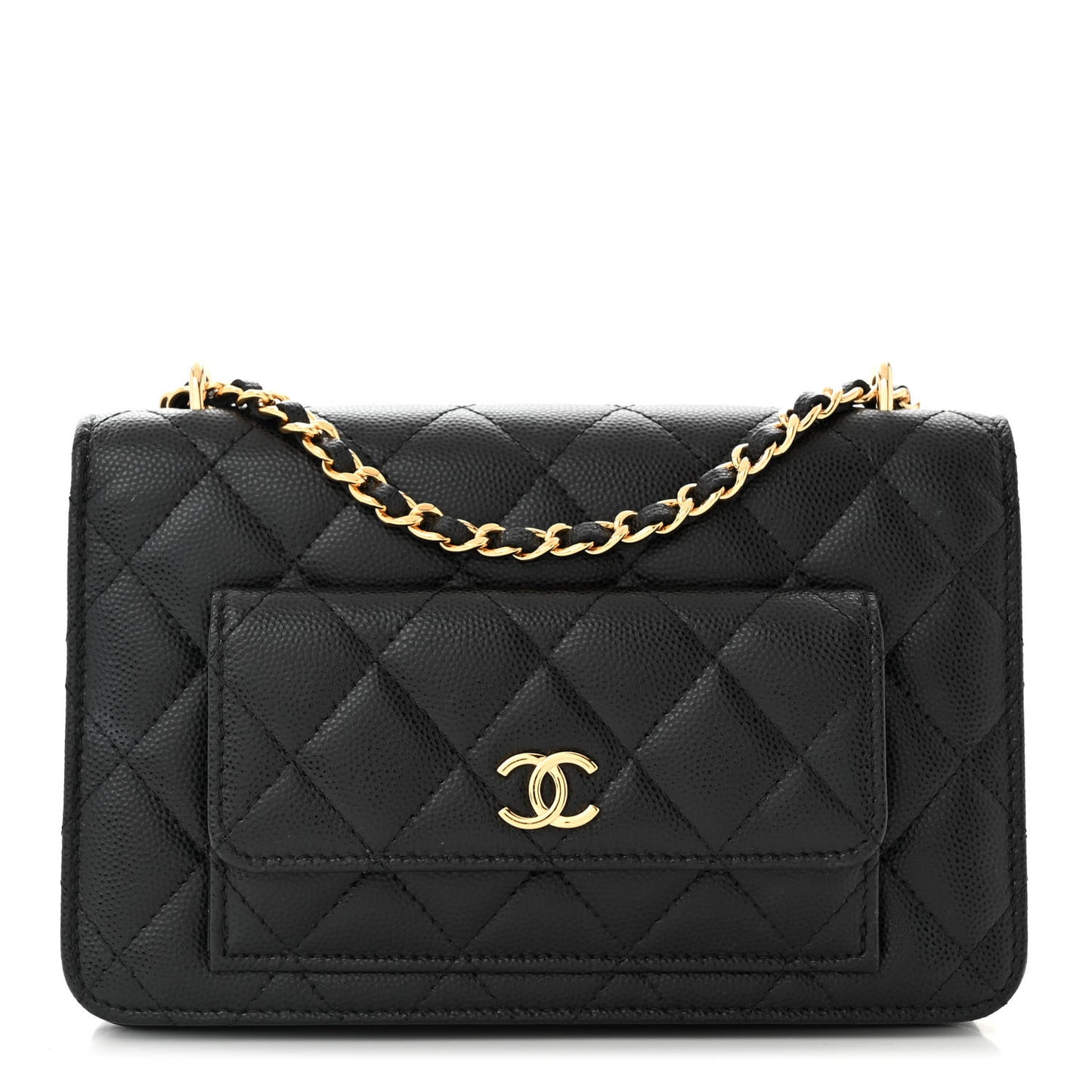 Caviar Quilted Pocket Clutch With Chain WOC Black
