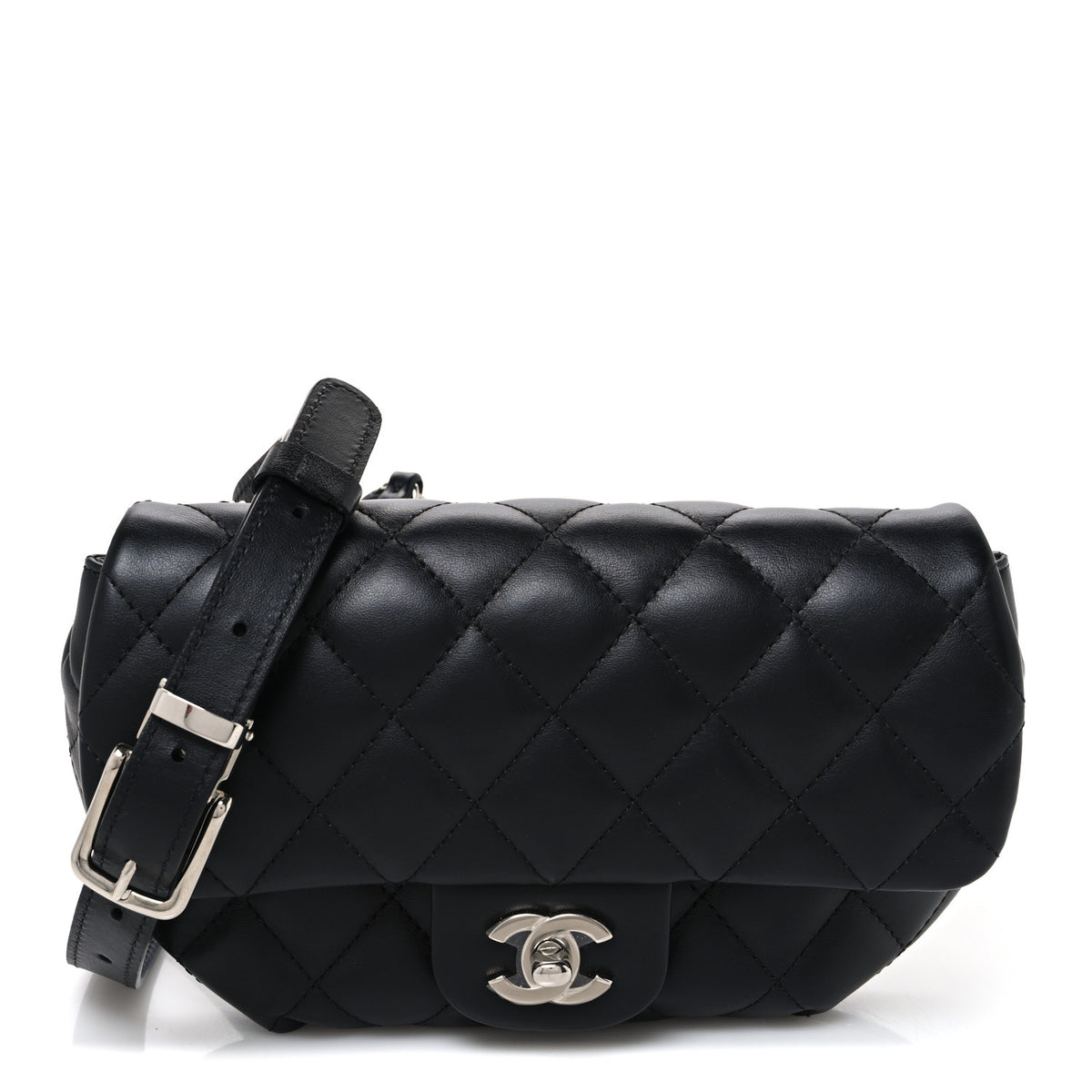 Calfskin Quilted CC Uniform Flap Belt Bag Black