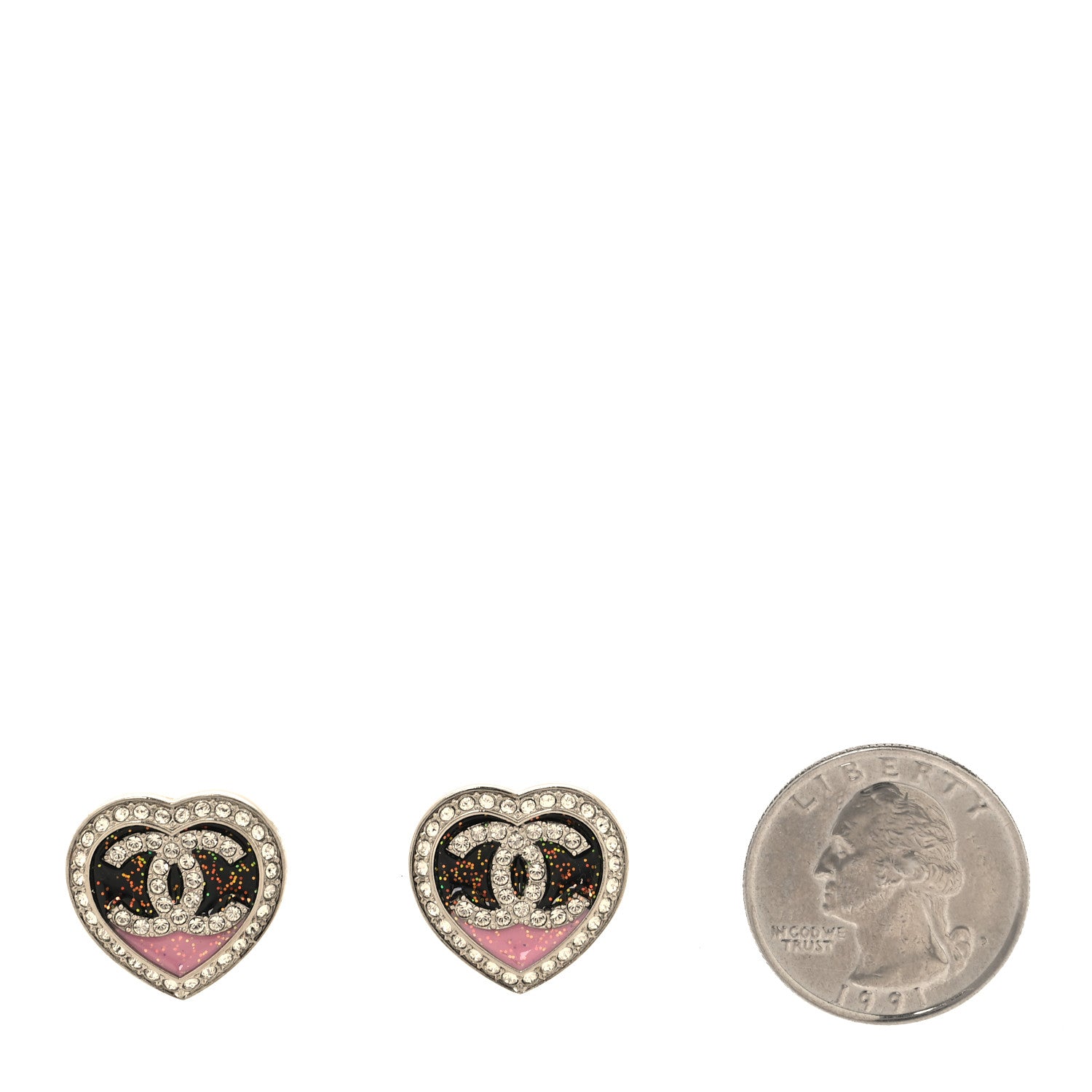 Chanel Resin Crystal Glitter CC Heart Stud Earrings Silver Black Pink 2 of 4