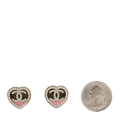 Chanel Resin Crystal Glitter CC Heart Stud Earrings Silver Black Pink 2 of 4