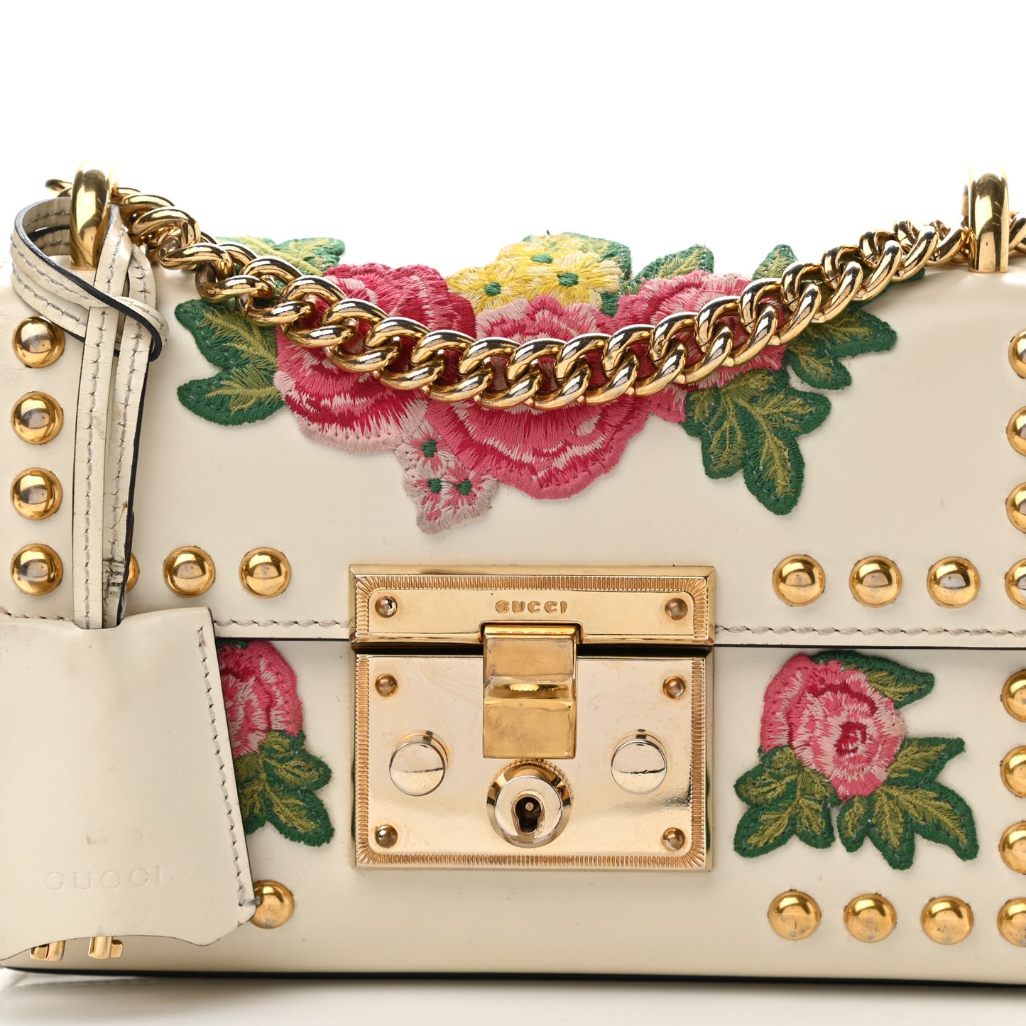 Calfskin Floral Embroidered Small Padlock Shoulder Bag White