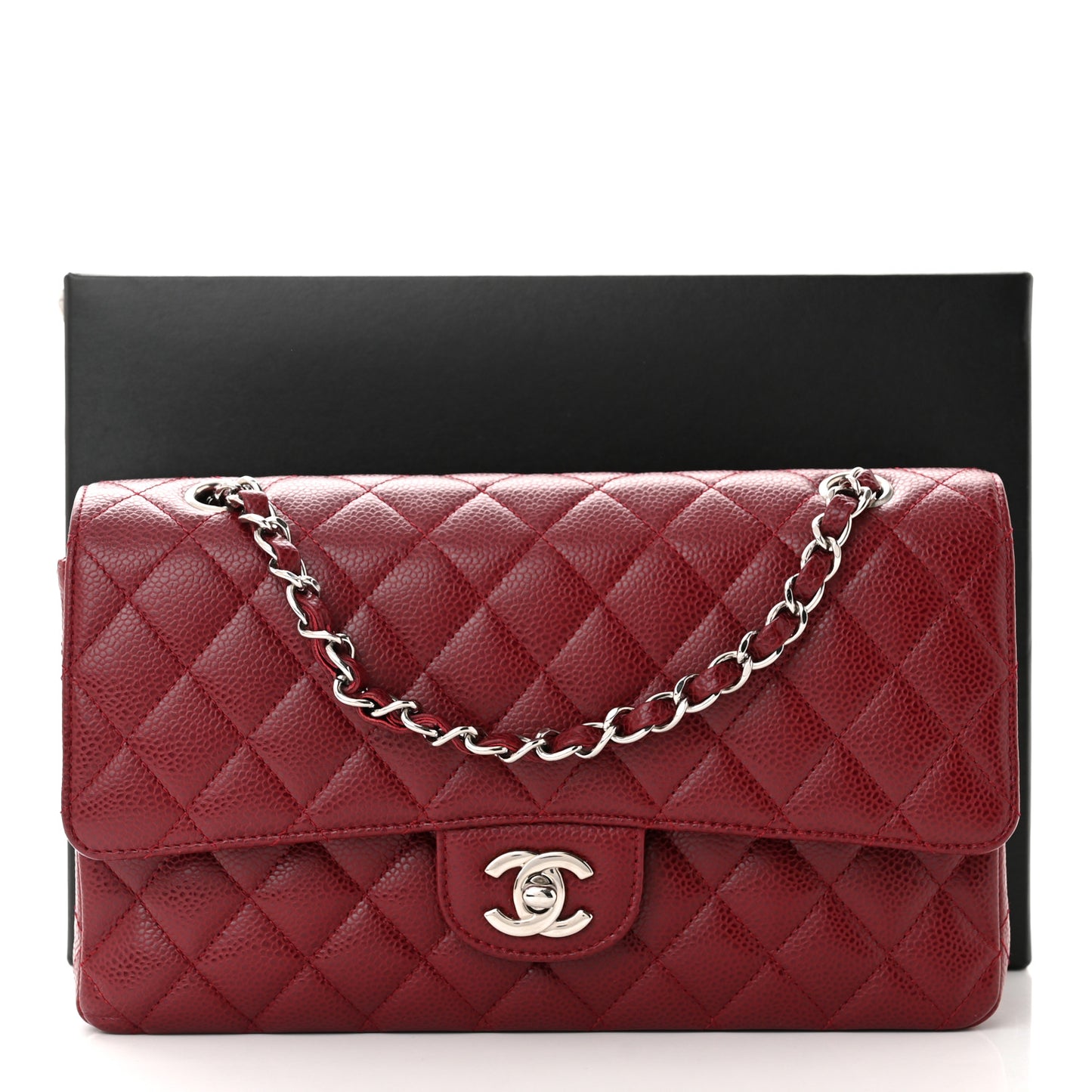 Caviar Quilted Medium Double Flap Dark Red
