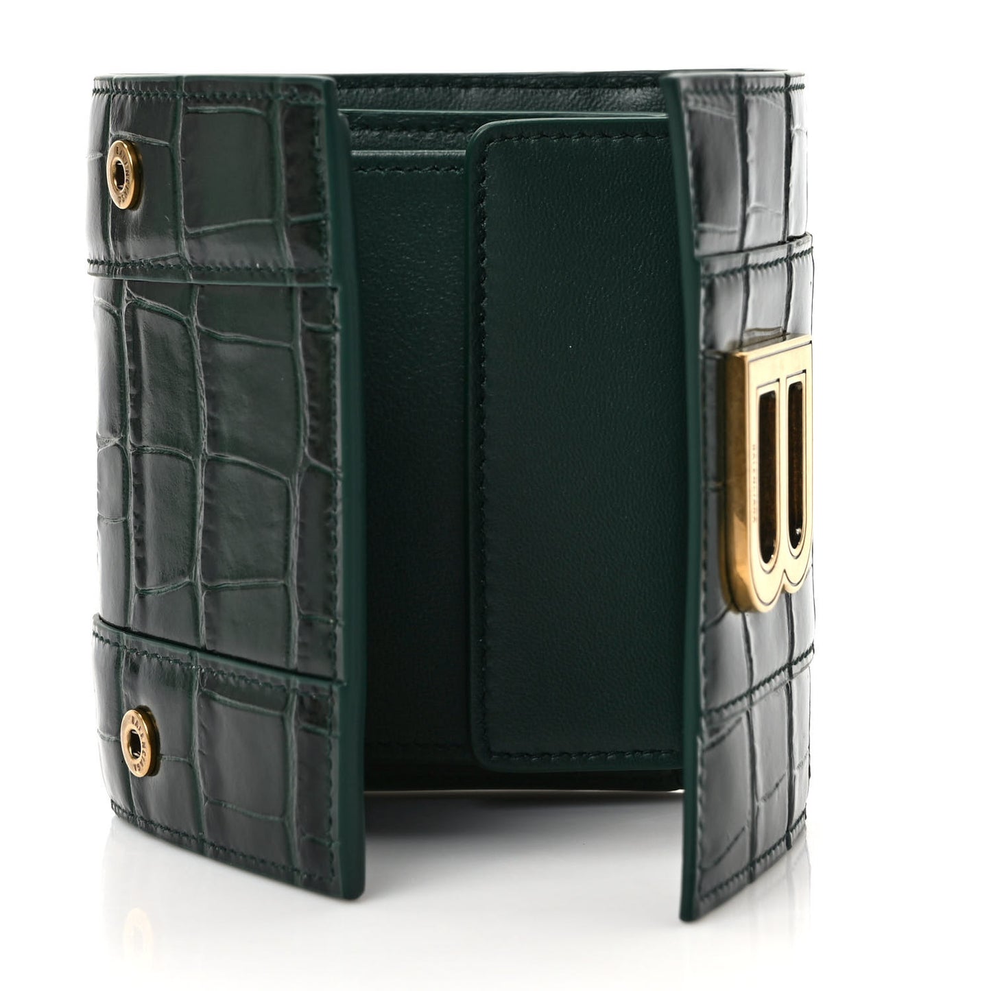Shiny Calfskin Crocodile Embossed Hourglass Compact Wallet Forest Green