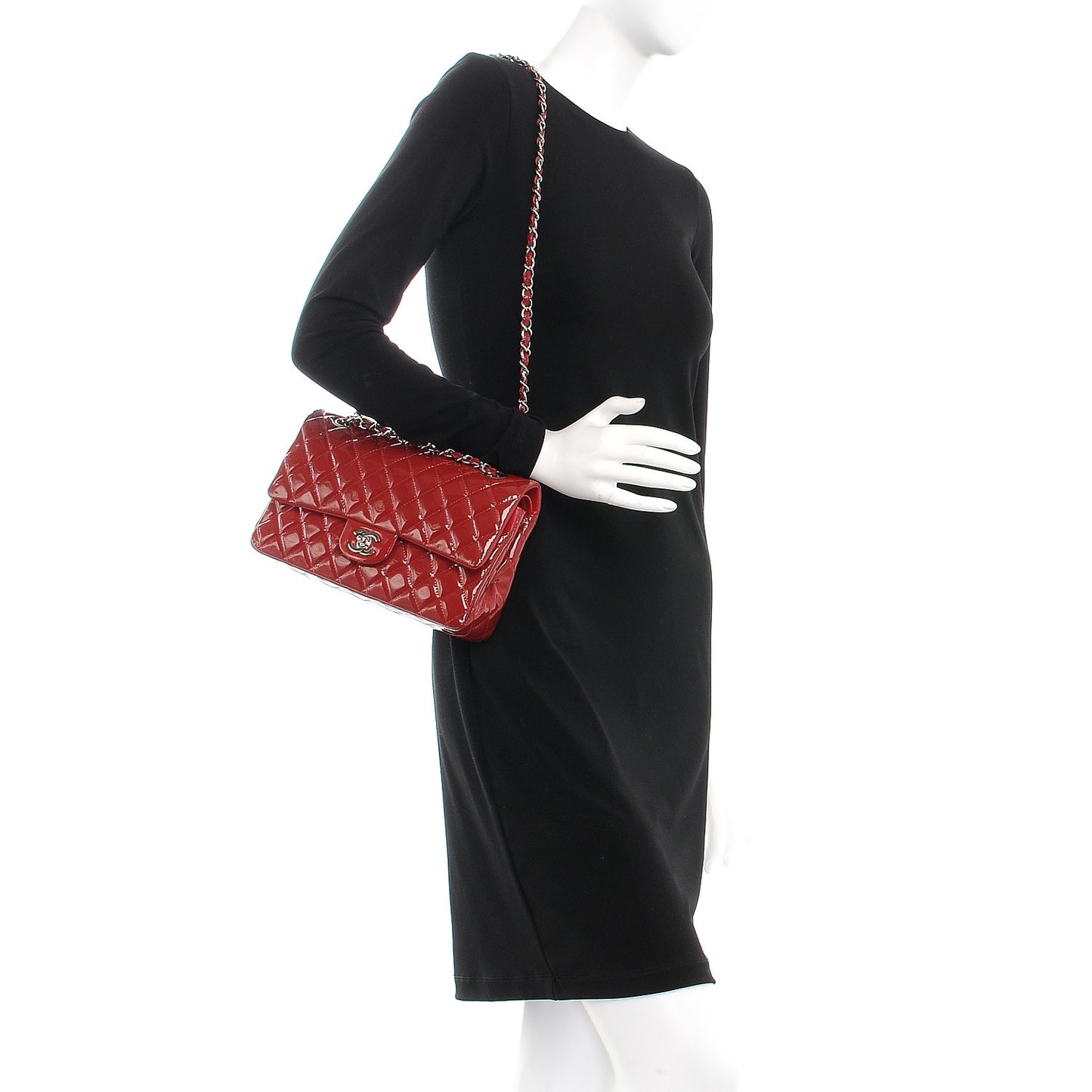 Patent Calfskin Quilted Medium Double Flap Dark Red